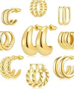 9 Pairs Gold/Sterling Silver/Rose Gold Plated Hoop Earrings Set for Women Trendy Chunky Gold Hoops 14K Real Gold Plated Small Huggie Clip-ons Earrings for Sensitive Ears Non...