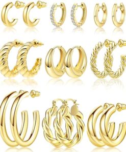 Adoyi 9 Pairs Gold Hoop Earrings Set for Women Girls Gold Twisted Huggie Hoops Earrings 14K 18K Gold Plated for Girls Gift Lightweight