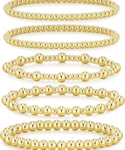 adoyi Gold Bracelets for Women, 14K Gold Plated Beaded Bracelets Gold Stretch Bead Ball Bracelet stack Set Adjustable Gold Jewelry for Women