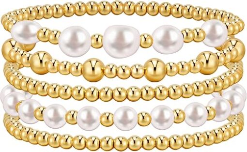 adoyi Gold Bracelets for Women Beaded Bracelet 14K Gold Plated Bracelet Stack Strand Stretch Bead Ball Bracelet Set Stackable Bracelet Adjustable Gold Jewelry for Women