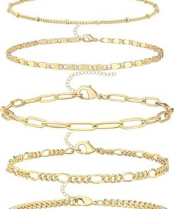 Ankle Bracelets for Women, 14k Gold Jewelry Set Waterproof Layered Cuban Figaro Link Chain Anklets Set Gold Anklets Gift Adjustable Size