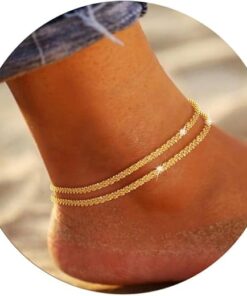 Ankle Bracelets for Women, Glitter Waterproof Adjustable Anklet for Women, 14K Gold Plated/Sterling Silver Layered Anklets, Summer Beach Anklet Jewelry for Women Gift