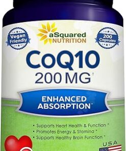 aSquared Nutrition CoQ10 (200 Capsules and 200mg) - High Absorption Vegan CO Q-10 Powder - Enzyme Ubiquinone Supplement Pills, Extra Antioxidant Coenzyme Q10 Vitamin, Coq 10...