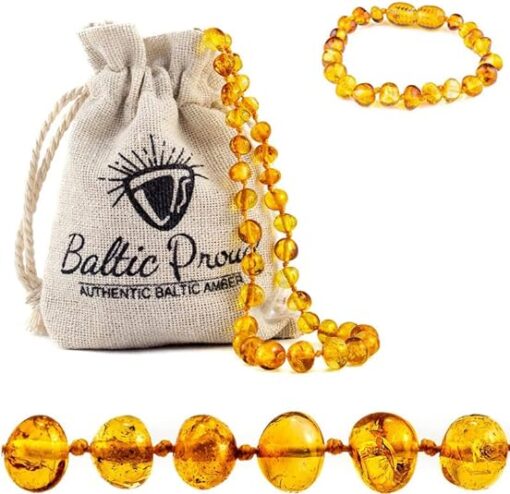 Baltic Proud Amber Necklace and Bracelet Gift Set (Unisex Honey 12.5 Inches/5.5 Inches) - Certified Premium Quality Raw Baltic Sea Amber