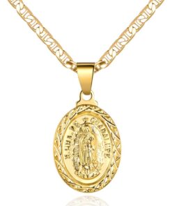 Barzel 18K Gold Plated Flat Mariner/Marina 060 3MM Chain Necklace With Virgin Mary Guadalupe Charm Pendant