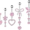 Belly Button Ring Dangle Navel Belly Piercing Jewelry Cute Pink CZ Heart Butterfly Bow Flower Navel Belly Rings for Women 14G Silver Stainless Steel Dainty Dangly Dangling Belly...