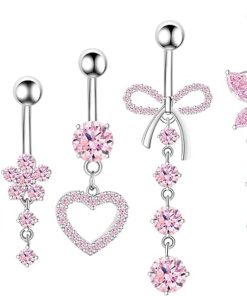 Belly Button Ring Dangle Navel Belly Piercing Jewelry Cute Pink CZ Heart Butterfly Bow Flower Navel Belly Rings for Women 14G Silver Stainless Steel Dainty Dangly Dangling Belly...