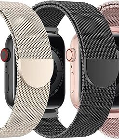 BELONGME 3 Pack Mesh Loop Compatible with Apple Watch Band Women Men 38mm 40mm 41mm 42mm 44mm 45mm 49mm Series Ultra SE 9 8 7 6 5 4 3 2 1, Stainless Steel Metal Strap Magnetic...