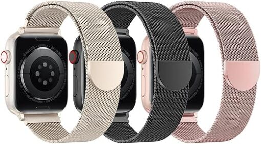 BELONGME 3 Pack Mesh Loop Compatible with Apple Watch Band Women Men 38mm 40mm 41mm 42mm 44mm 45mm 49mm Series Ultra SE 9 8 7 6 5 4 3 2 1, Stainless Steel Metal Strap Magnetic...