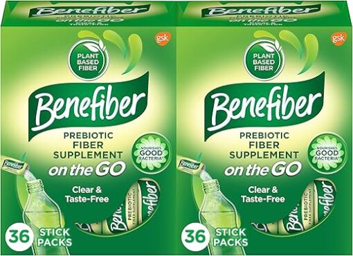 Benefiber On The Go Prebiotic Fiber Supplement Powder for Digestive Health, Daily Powder, Unflavored Stick Packs - 36 Sticks (Pack of 2)