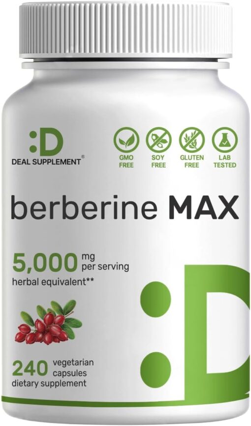 Berberine Max Supplement with Turmeric, 5,000mg Per Serving, 240 Veggie Capsules – 97% Pure Berberine HCL – 25:1 Berberine Root Extract – Vegetarian Friendly, Non-GMO