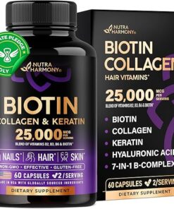 Biotin | Collagen | Keratin | Hyaluronic Acid - Hair Growth Support Supplement | Skin & Nails Beauty Complex 25000 mcg - B1 | B2 | B3 | B6 | B7 - Made in USA - For Women & Men |...