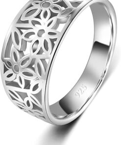 BORUO 925 Sterling Silver Ring, High Polish Tarnish Resistant Comfort Fit Victorian Leaf Filigree Vintage Style Ring