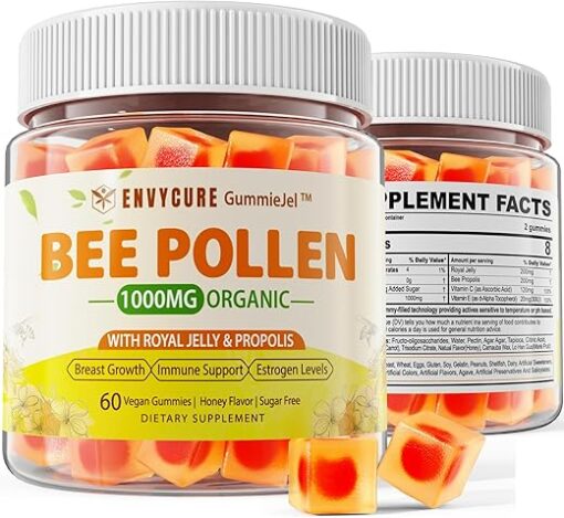 Breast Enhancement Bee Pollen Organic 1000mg Gummies, w/Propolis, Royal Jelly, Sugar Free Bee Pollen Supplement Rich in Vitamin B, Antioxidants, Amino Acids (1 PACK)