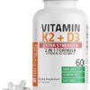 Bronson Vitamin K2 (MK7) with D3 Extra Strength Supplement Bone Health Non-GMO Formula 10,000 IU & 120 mcg MK-7 Easy to Swallow D K, 60 Capsules