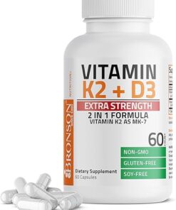 Bronson Vitamin K2 (MK7) with D3 Extra Strength Supplement Bone Health Non-GMO Formula 10,000 IU & 120 mcg MK-7 Easy to Swallow D K, 60 Capsules