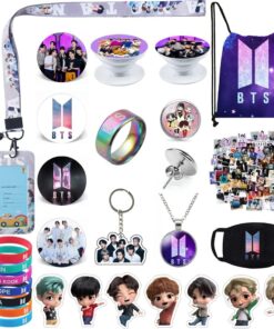 BTS Gifts Set, Including Drawstring Bag Backpack, Necklace, Earrings, Rings, Bracelets, Face M-asks, Button Pins, Lanyard ID Holder, Keychain, Phone Ring Holder, Stickers