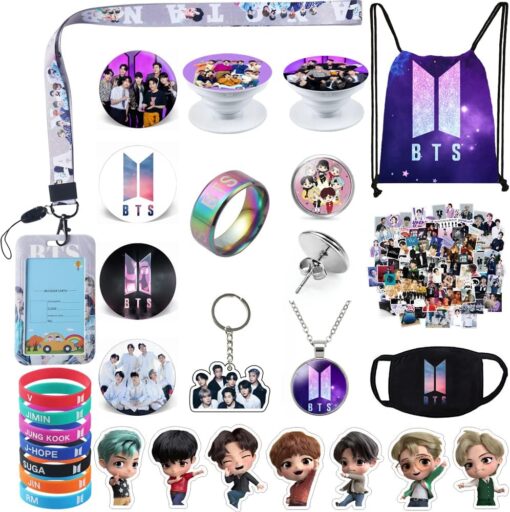 BTS Gifts Set, Including Drawstring Bag Backpack, Necklace, Earrings, Rings, Bracelets, Face M-asks, Button Pins, Lanyard ID Holder, Keychain, Phone Ring Holder, Stickers