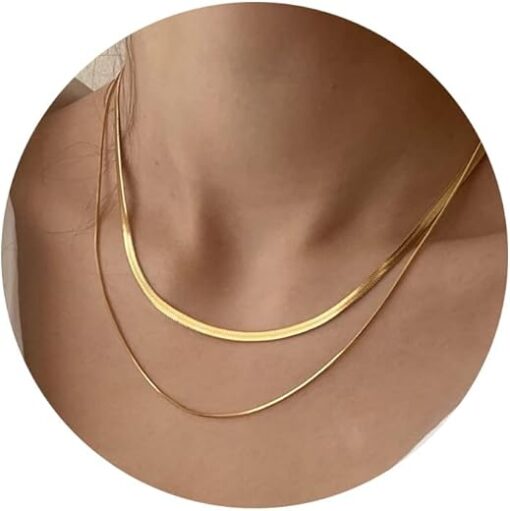 CHESKY 14K Gold/Silver Plated Snake Chain Necklace Herringbone Necklace Gold Choker Necklaces for Women Gifts Jewelry 1.5/3/5MM(W) 14"/16"(L)