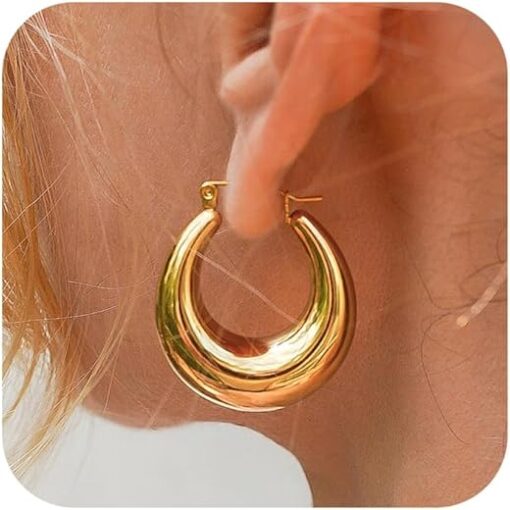 Chunky Gold Hoop Earrings for Women, 14k Gold Plated Thick Triple Hoop Earrings Hypoallergenic Trendy Chunky Gold Hoops Earrings Dainty Jewelry Gifts for Women