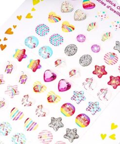 Claire’s Club Stick-On Earrings – 30 Pairs of Colorful 3D Hearts, Stars, and Unicorn Stick-On Earrings for Girls – Jewelry Set Perfect for Play Dress Up and Special Occasions