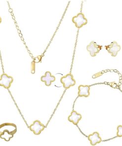 Clover Jewelry Set 18K Gold Plated Stainless Steel Necklace with Flower Design Four leaf clover for Women, Elegant Four Leaf Clover Necklace Floral Style Jewelry