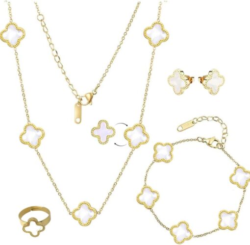 Clover Jewelry Set 18K Gold Plated Stainless Steel Necklace with Flower Design Four leaf clover for Women, Elegant Four Leaf Clover Necklace Floral Style Jewelry