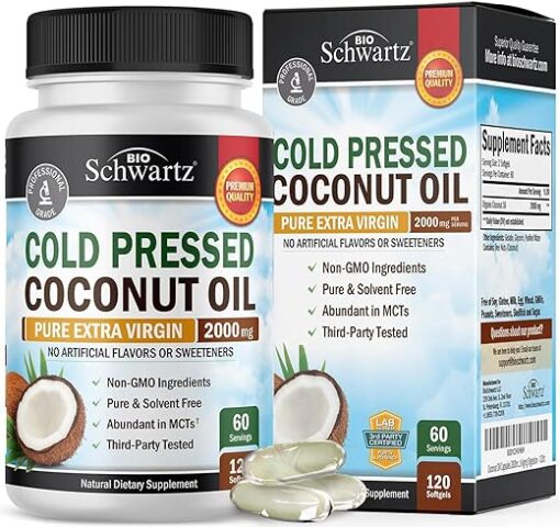 Coconut Oil Capsules 2000mg - Organic Pure Extra Virgin Unrefined Cold Pressed MCT Rich & Non-GMO for Healthy Skin Nails Hair Growth Support Bloating Anti Aging Digestion -...