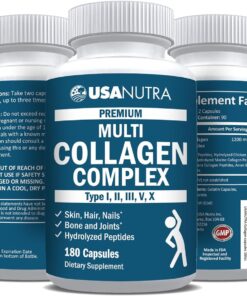 Collagen Peptide Protein Pills for Women and Men Type I, II, III, V, X Multi Collagen 180 Capsules Non-GMO with Bovine and Marine Collagen