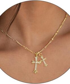 Cross Necklace 14K Gold Plated Double Cross Pendant Necklace Dainty Diamond Cross Charm Link Chain Choker Delicate Faith Jewelry