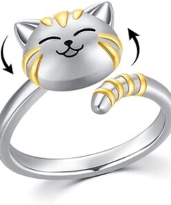 Cute Cat Pet Anxiety Relieve Spinner Rings Kitten Animal Fidget Open Adjustable Ring Sterling Silver Plated Worry Stress Relieving Boredom ADHD Autism Jewelry Stacking Finger...