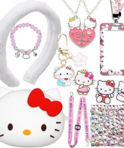 Cute Kitty Stuff Accessories,Kawaii Kitty Bag Hello Keychain Matching Necklaces Bracelets KT Cat Headband Badge Card Holder Button Pins Stickers 60PCS