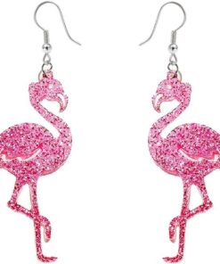 Cute Pink Flamingo Glitter Dangle Drop Earrings for Women Teen Girls Dainty Lightweight Acrylic Animal Hook Statement Dangling Hanging Hypoallergenic Fashion Jewelry Valentine's...