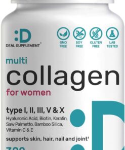 DEAL SUPPLEMENT Multi-Collagen Pills for Women with Vitamin C, E, & Biotin, 300 Capsules – 11 in 1 Formula with Saw Palmetto, Bamboo Silica, & Hyaluronic Acid – Hair, Skin,...