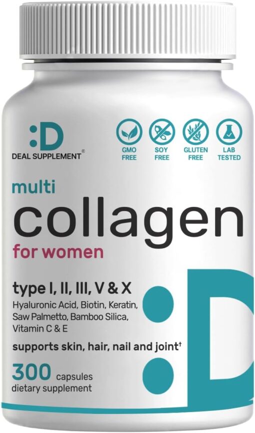 DEAL SUPPLEMENT Multi-Collagen Pills for Women with Vitamin C, E, & Biotin, 300 Capsules – 11 in 1 Formula with Saw Palmetto, Bamboo Silica, & Hyaluronic Acid – Hair, Skin,...