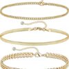 DEARMAY Gold Ankle Bracelets for Women Waterproof 3Pcs 14K Gold Plated Anklets Layered Cuban Link Chain Herringbone Dainty Cute Anklets Set Pack Summer Beach Jewelry Gift for Women