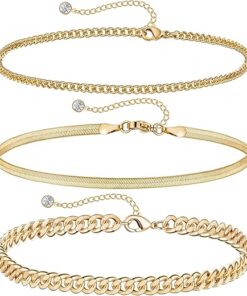 DEARMAY Gold Ankle Bracelets for Women Waterproof 3Pcs 14K Gold Plated Anklets Layered Cuban Link Chain Herringbone Dainty Cute Anklets Set Pack Summer Beach Jewelry Gift for Women