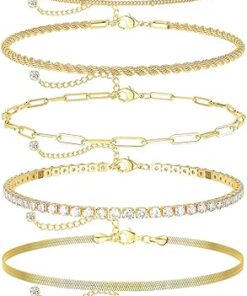 DEARMAY Gold Ankle Bracelets for Women Waterproof - Dainty 6Pcs 14K Gold Plated Anklets Layered Cuban Link Chain Herringbone Cute Anklets Set Pack Summer Beach Jewelry Gift for...