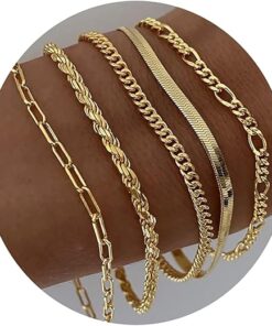 DEARMAY Gold Bracelets for Women, 14K Real Gold Jewelry Sets for Women Cute Tennis Beaded Bracelets for Women Cuban Link Paperclip Chain Dainty Bracelet Pack Gifts for Women