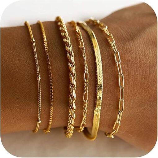 DEARMAY Gold Bracelets for Women Waterproof, 14K Real Gold Jewelry Sets for Women Trendy Thin Dainty Stackable Cuban Link Paperclip Chain Bracelet Pack Fashion Accessories Gifts...