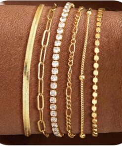 DEARMAY Waterproof Gold Bracelets Set for Women Trendy, Dainty 14K Real Gold Plated Jewelry Fashion Stackable Tennis Beaded Figaro Herringbone Paperclip Link Bracelet Pack Stack...