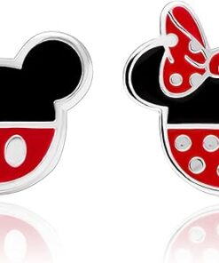 Disney Mickey Mouse and Minnie Mouse Mismatched Stud Earrings for Girls, Silver Plated, Officially Licensed