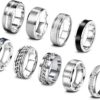 EIELO 9Pcs Stainless Steel Band Rings for Men Women Cool Fidget Spinning Chain Ring Anxiety Relief Fashion Simple Wedding Engagement Black Ring Set