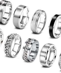 EIELO 9Pcs Stainless Steel Band Rings for Men Women Cool Fidget Spinning Chain Ring Anxiety Relief Fashion Simple Wedding Engagement Black Ring Set