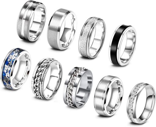 EIELO 9Pcs Stainless Steel Band Rings for Men Women Cool Fidget Spinning Chain Ring Anxiety Relief Fashion Simple Wedding Engagement Black Ring Set