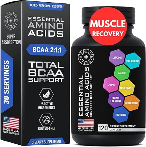 Essential Amino Acids Complex for Men & Women - Vegan BCAA Amino Acid Supplement with All 9 BCAAs Essential Aminos - Non-GMO, Gluten-Free Advanced Workout Power & Recovery...