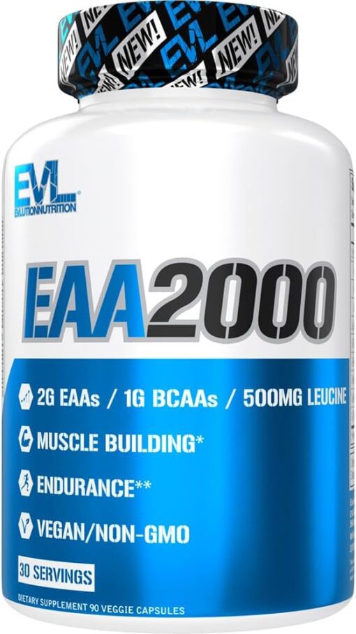 Evlution Nutrition EAA2000 - Pre & Post Workout Capsules - Muscle Building + Recovery Supplement - 2g Essential Amino Acids + 1g BCAAs - Endurance + Energy Support - 30 Servings