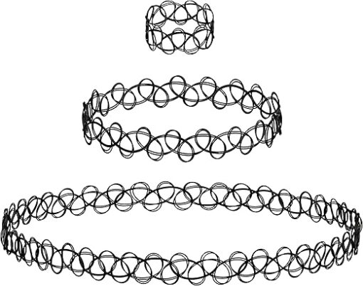 Expressions 3pc Assorted Tattoo Stretch Jewelry Collection - Tattoo Choker Necklace, Bracelet & Ring Set - Stretchy Tattoo Effect Jewelry Accessories For Kids And Adults…