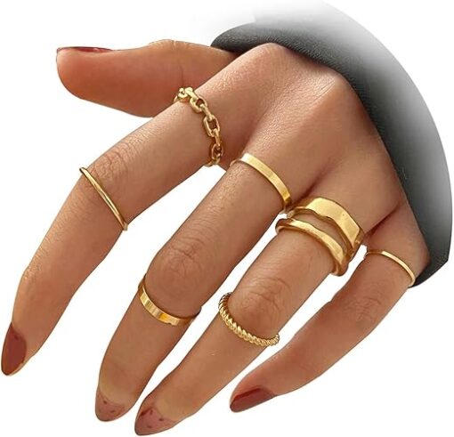 FAXHION Gold Knuckle Rings Set for Women Snake Chain Stacking Ring Vintage BOHO Midi Rings SIze Mixed