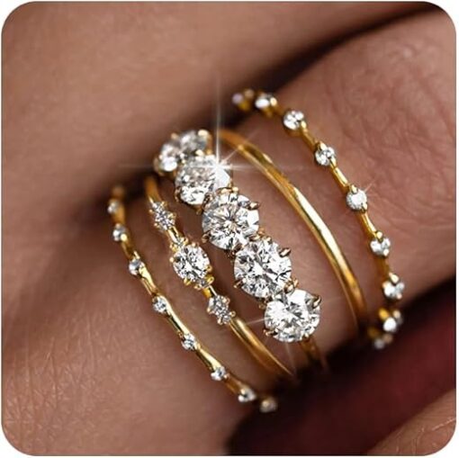 FAXHION Gold Rings for Women Non Tarnish, Dainty 14K Gold Plated Stacking Cubic Zirconia Thumb Rings, Statement Gold Knuckle Rings Set Size 5-10